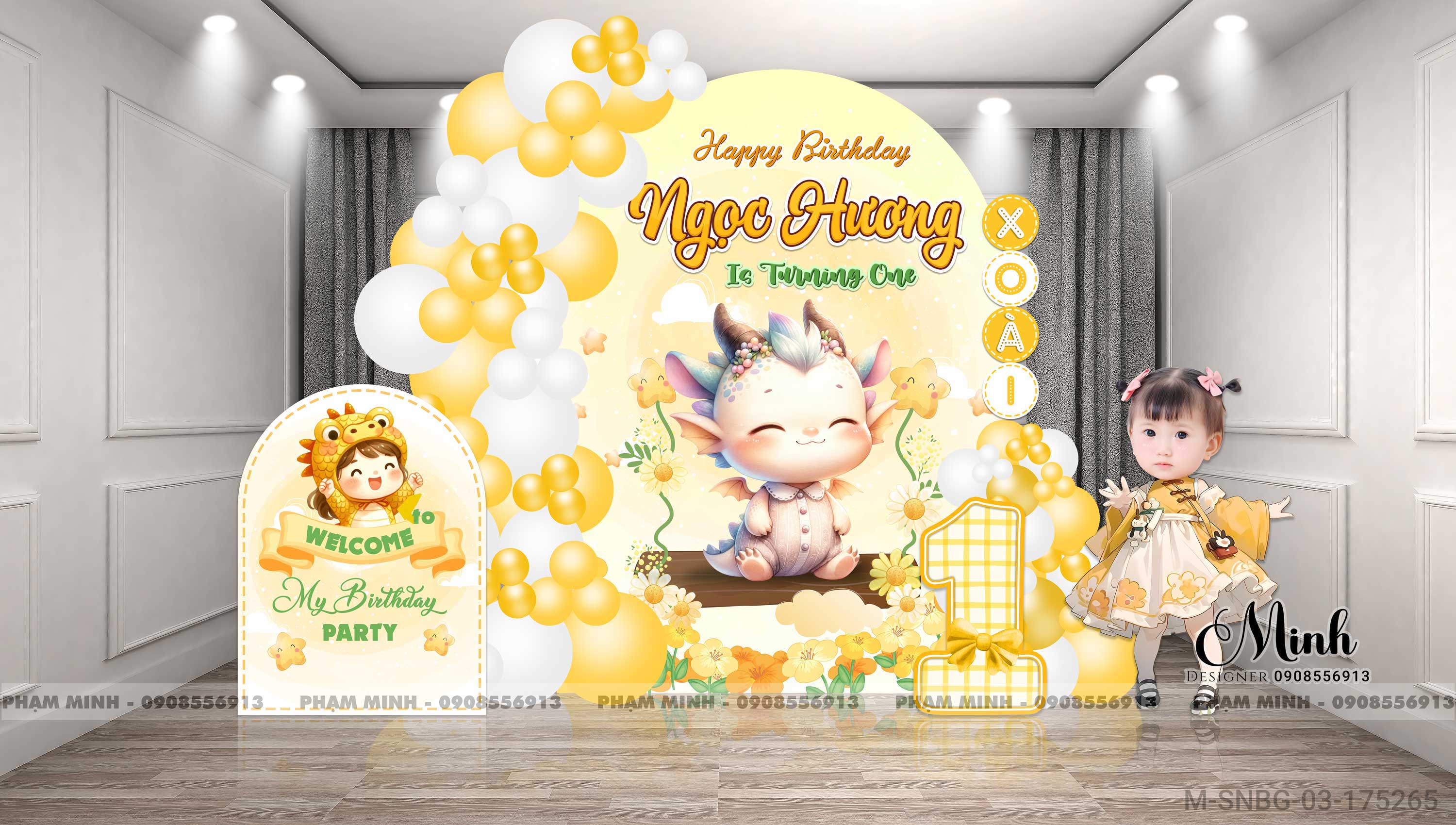 File thiết kế sinh nhật bé gái tuổi rồng tone vàng back U cute đáng yêu