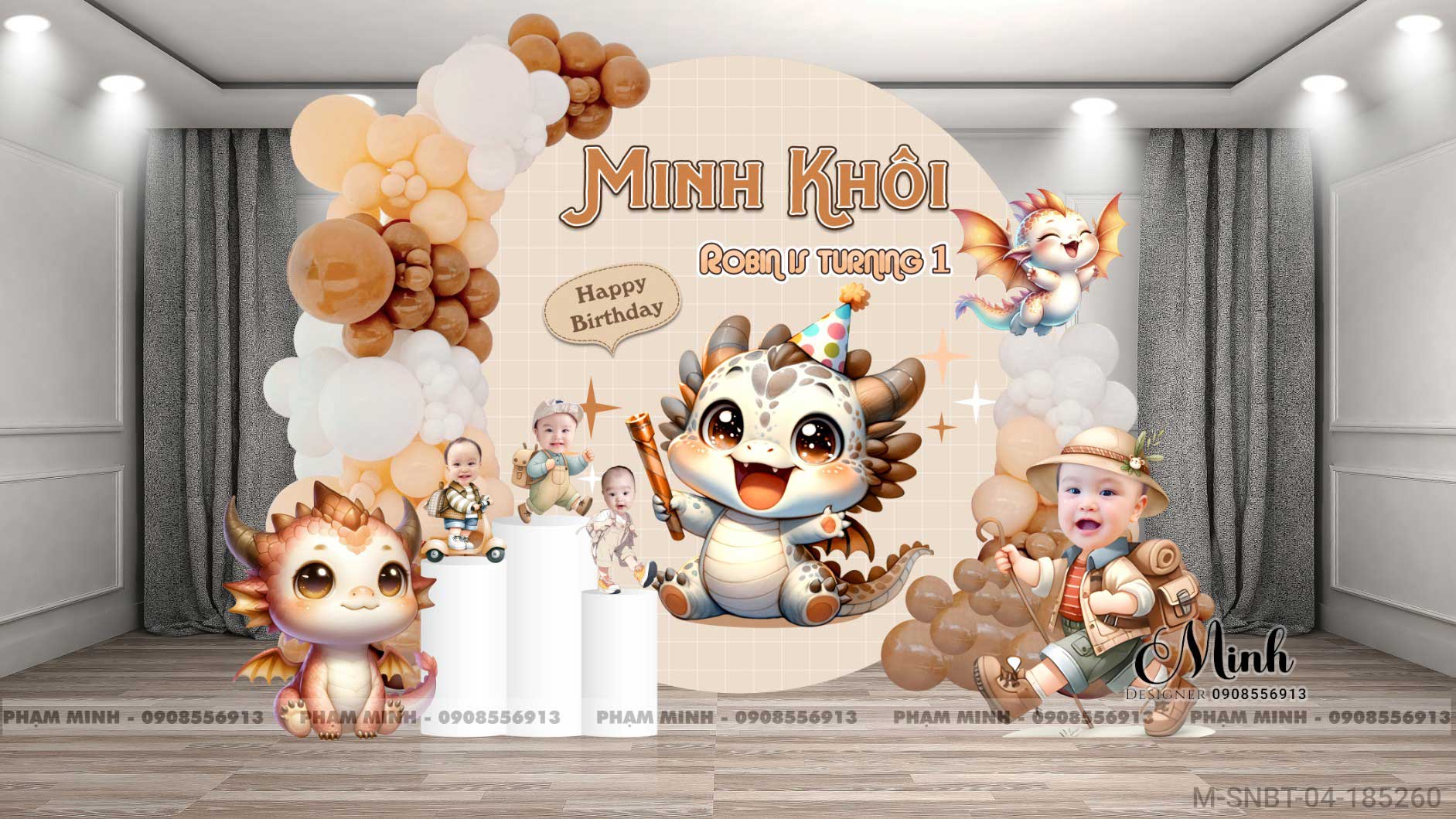 File Thiết Kế Back Tròn Sinh Nhật 1 Tuổi Cho Bé Tuổi Rồng Tone nâu dễ thương đáng yêu