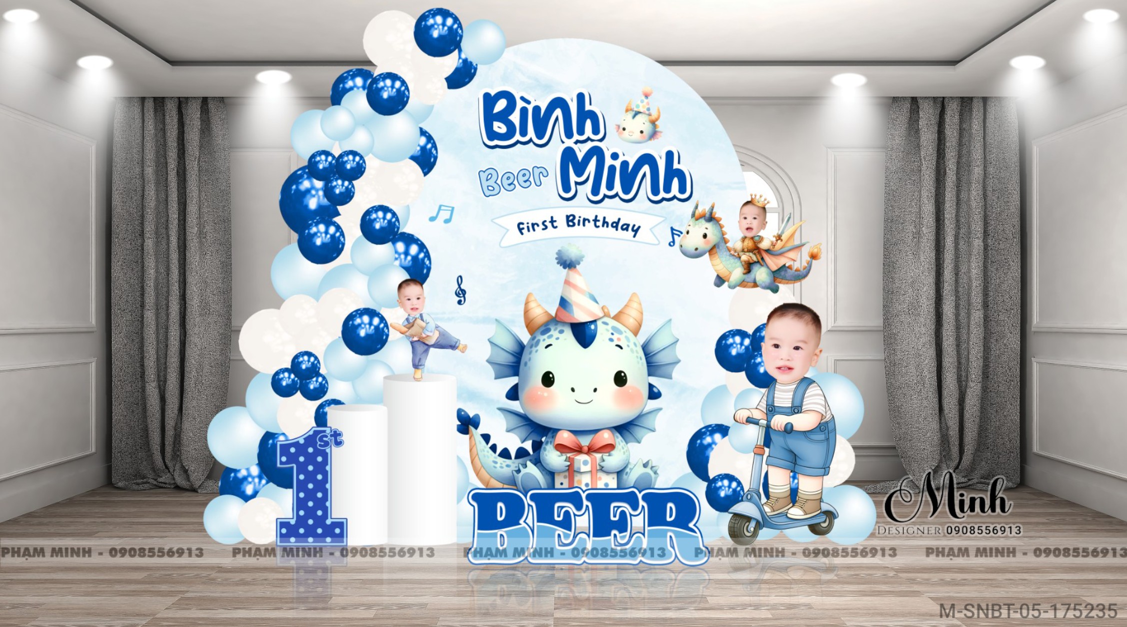 File thiết kế sinh nhật bé trai 1 tuổi con rồng khung U và chibi tone xanh blue cute dễ thương.