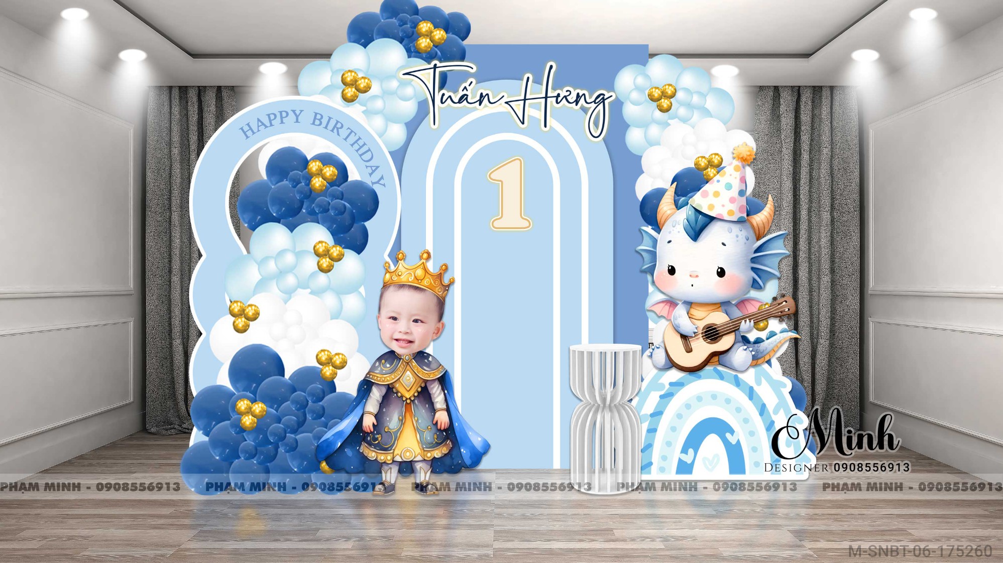 File thiết kế sinh nhật bé trai 1 tuổi con rồng và chibi tone xanh blue cute dễ thương.