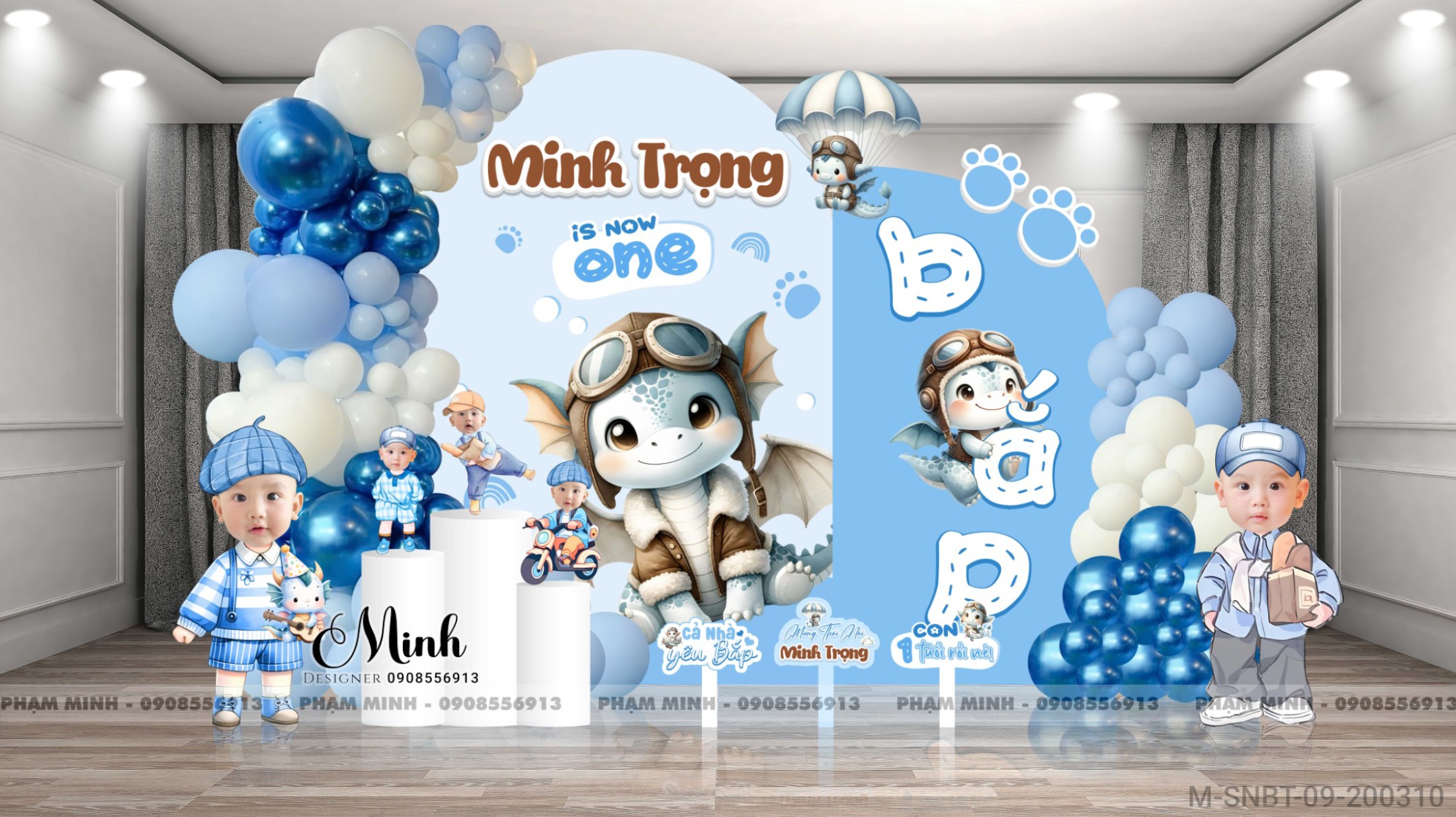 File thiết kế sinh nhật bé trai 1 tuổi con rồng khung tròn và chibi tone xanh blue cute dễ thương.