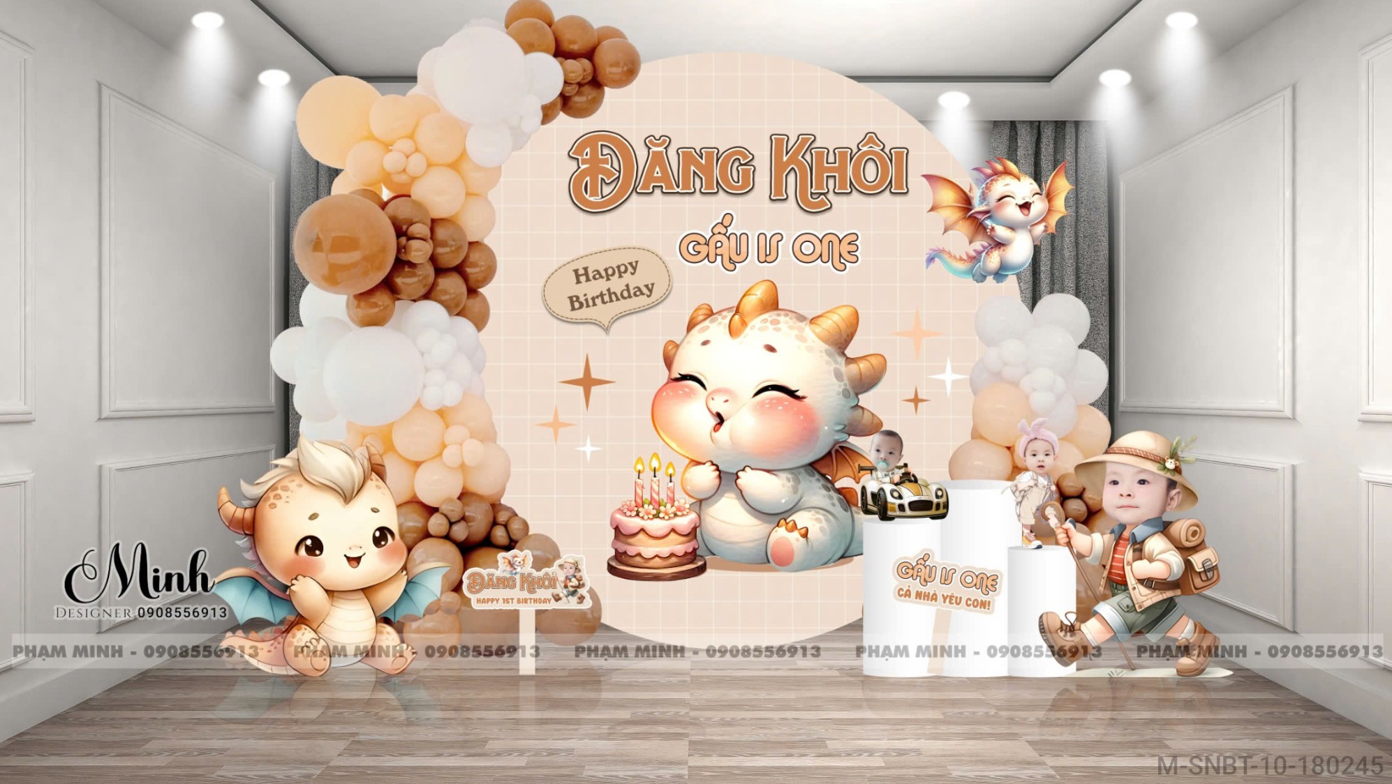 File thiết kế sinh nhật bé trai 1 tuổi con rồng khung tròn và chibi tone nâu cute dễ thương.