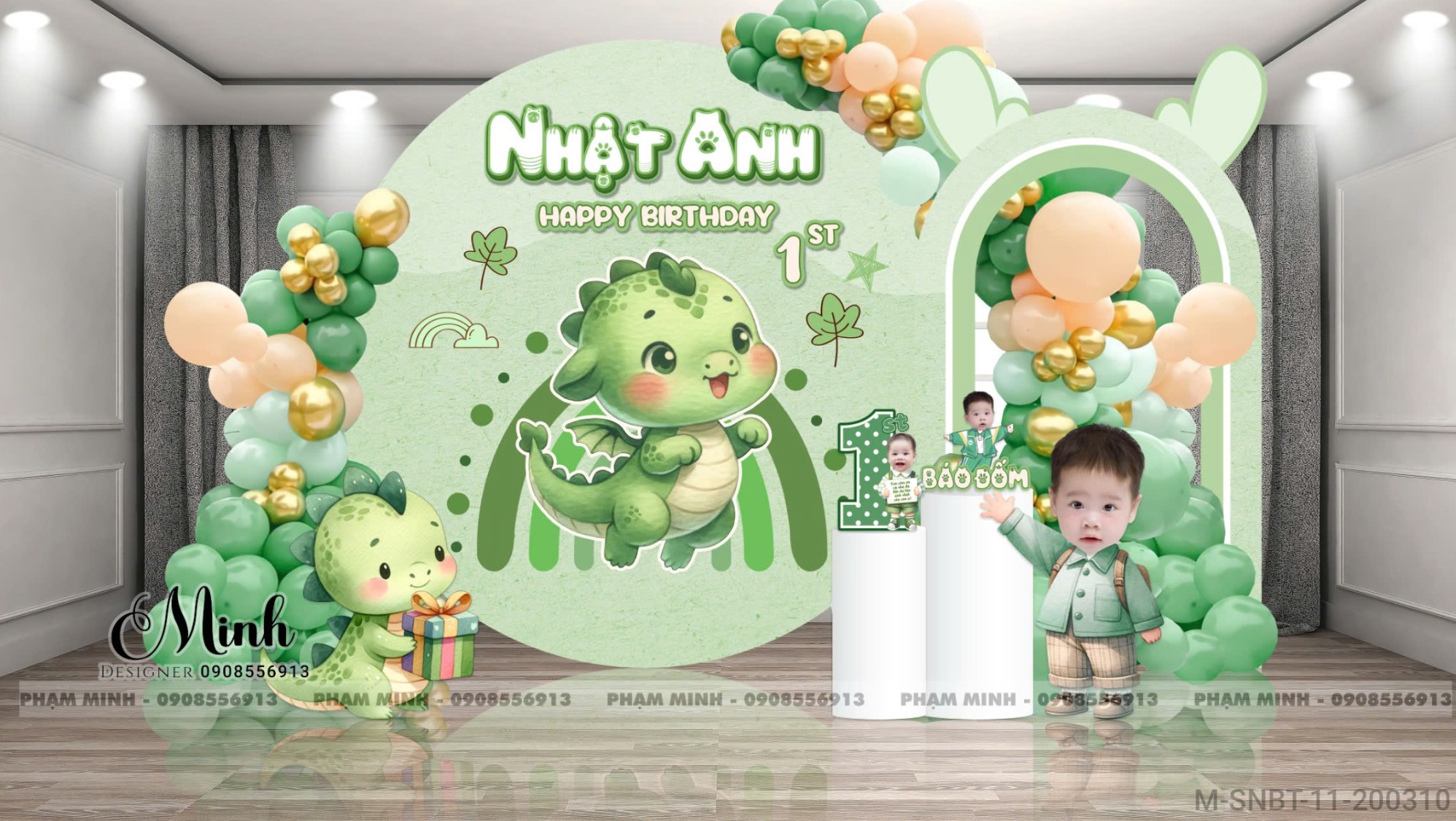 File thiết kế sinh nhật bé trai 1 tuổi con rồng khung tròn và chibi tone xanh lá cây cute dễ thương.