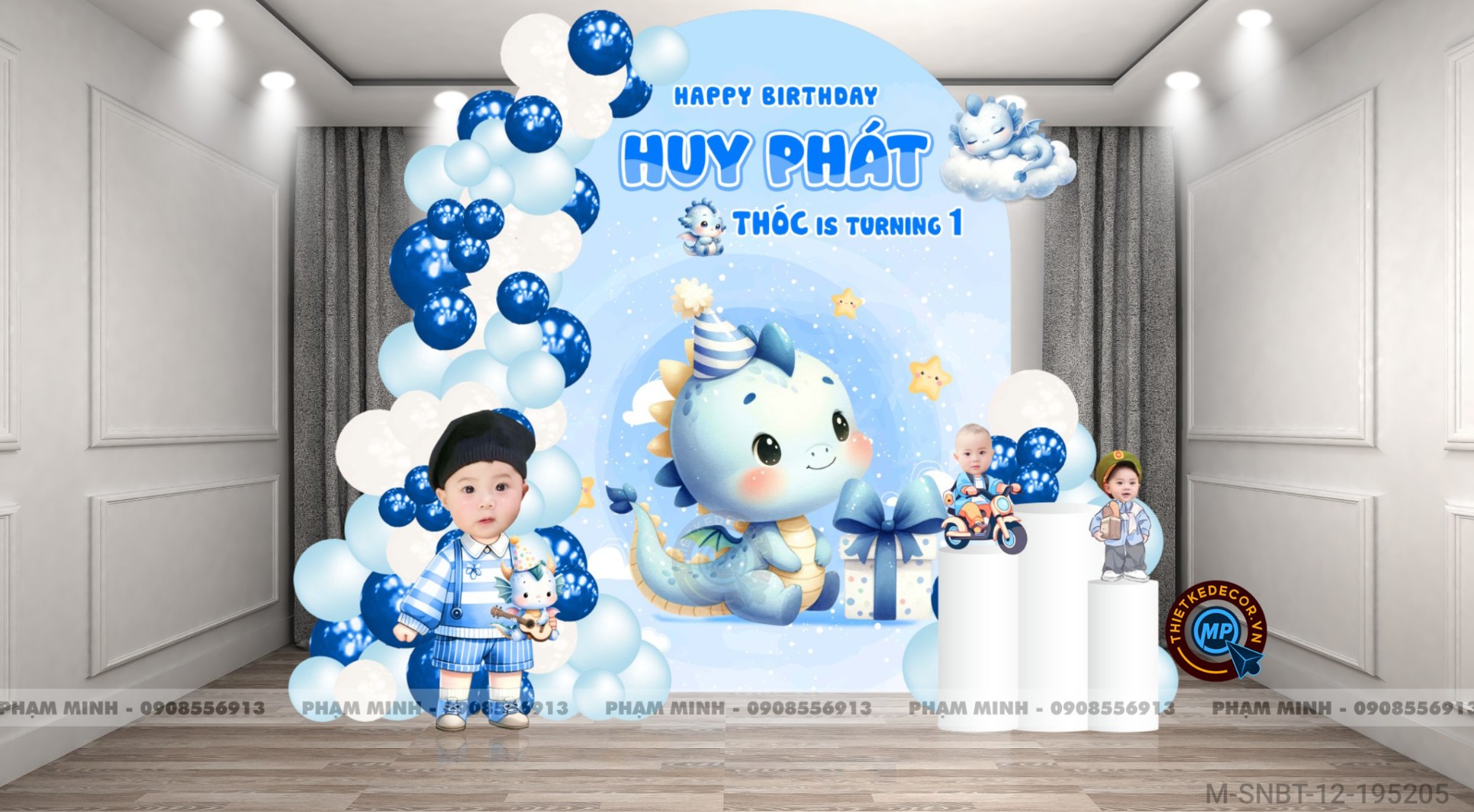 File thiết kế sinh nhật bé trai 1 tuổi con rồng khung U và chibi tone xanh blue cute dễ thương.