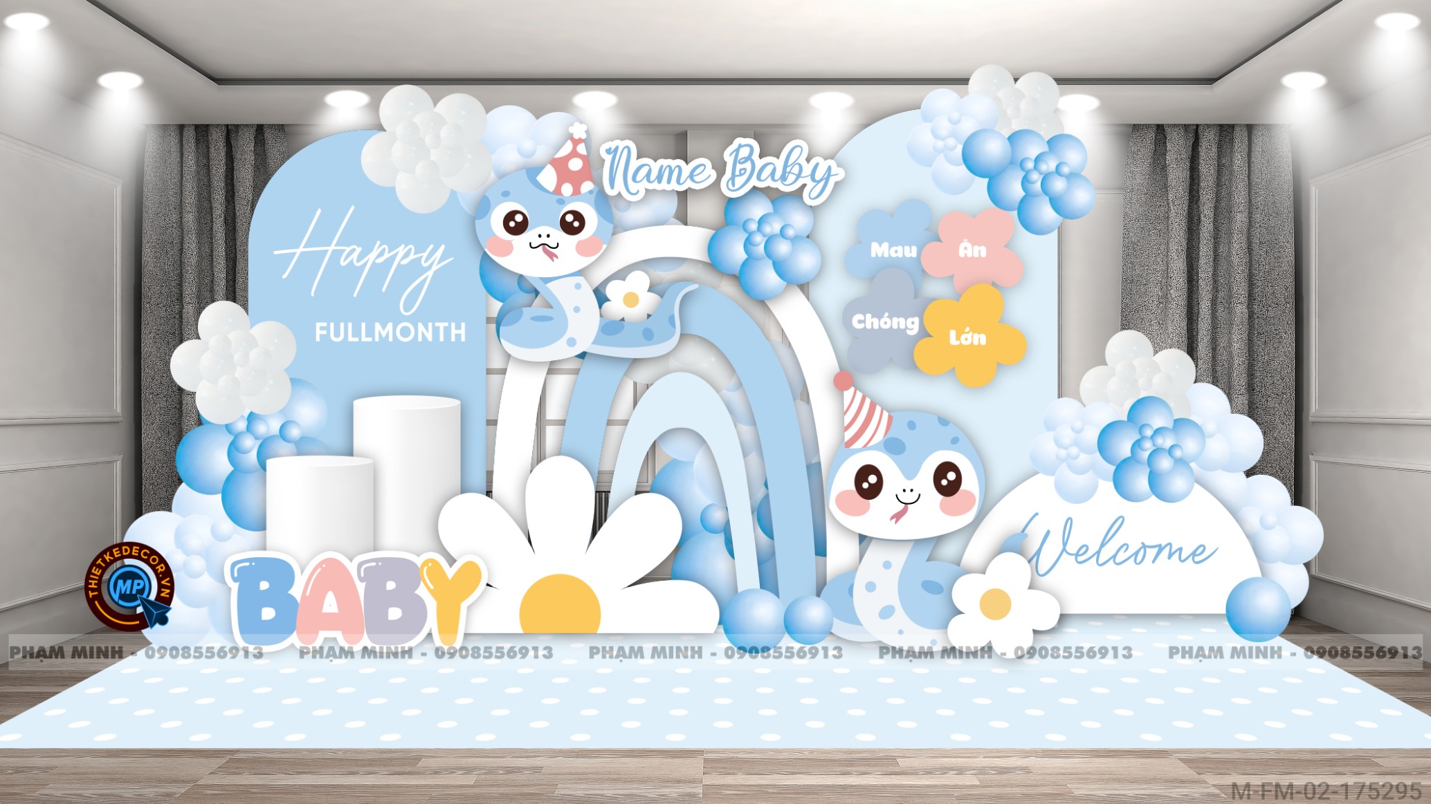 File thiết kế Background đầy tháng fullmonth bé tuổi tỵ thìn tone xanh dương cute dễ thương đáng yêu