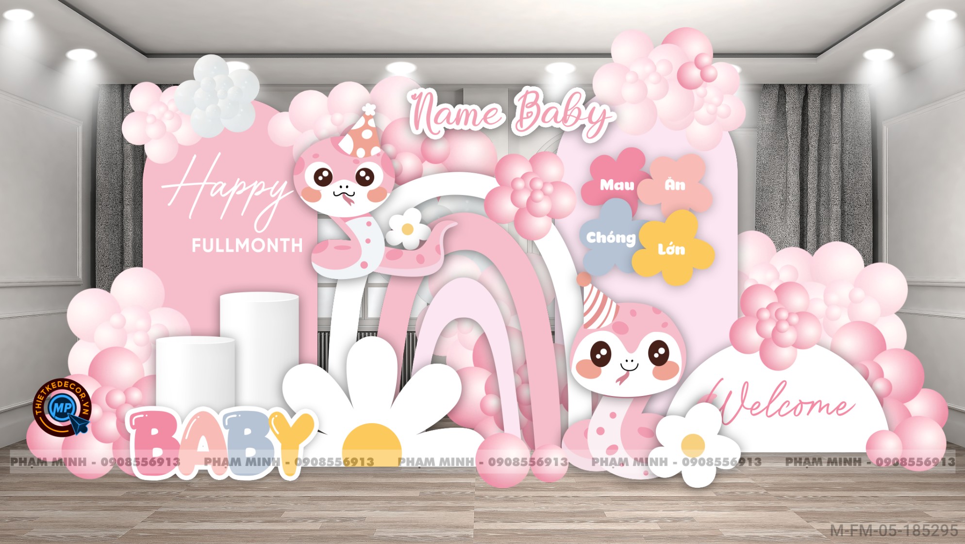 File thiết kế Background đầy tháng fullmonth bé tuổi tỵ thìn tone hồng cute dễ thương đáng yêu