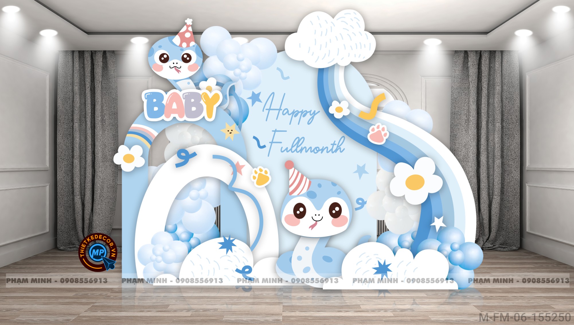 File thiết kế Background đầy tháng fullmonth bé tuổi tỵ thìn tone xanh dương cute dễ thương đáng yêu