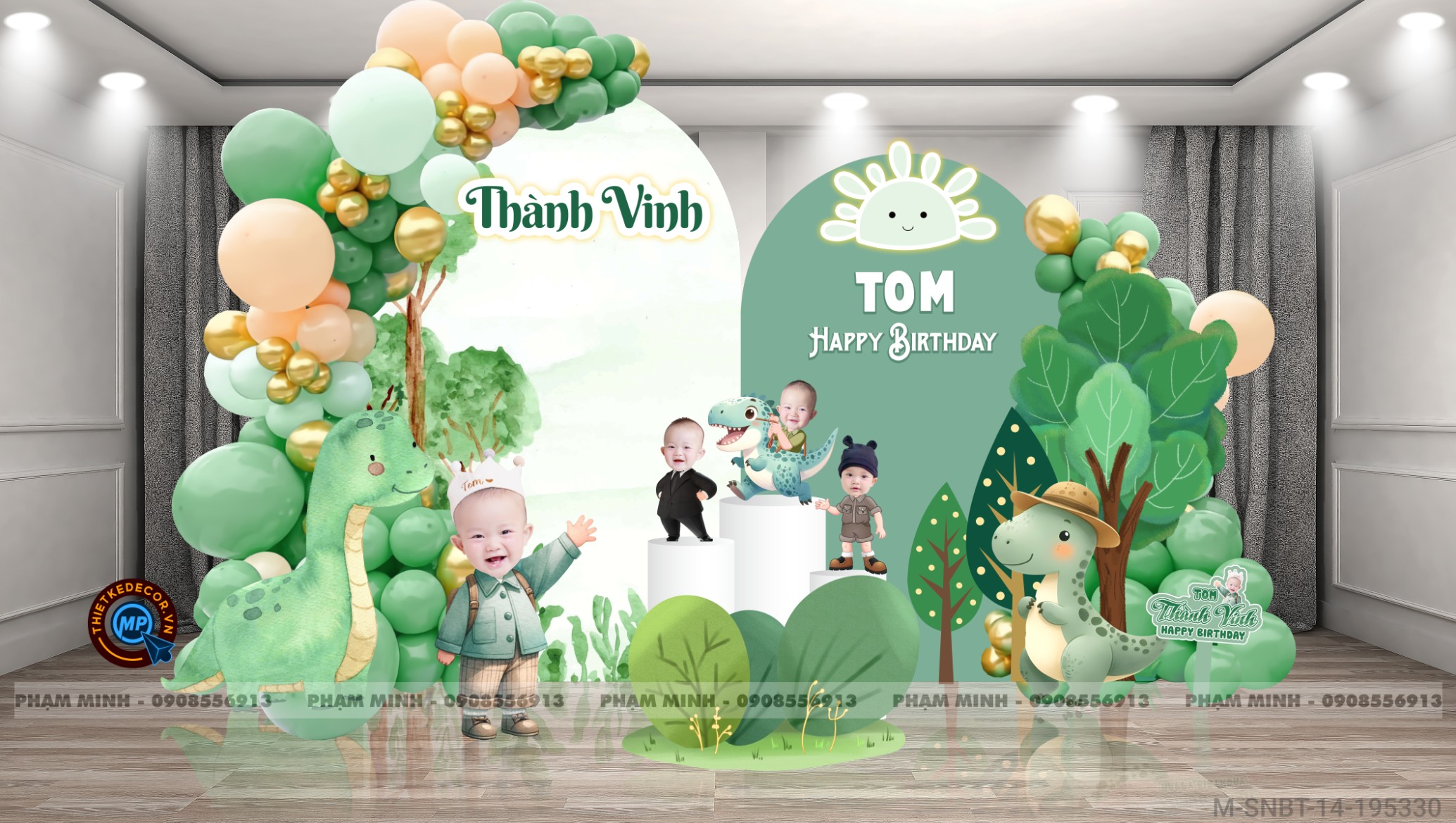 File thiết kế sinh nhật bé trai 1 tuổi con rồng khung tròn và chibi tone xanh lá cây cute dễ thương.