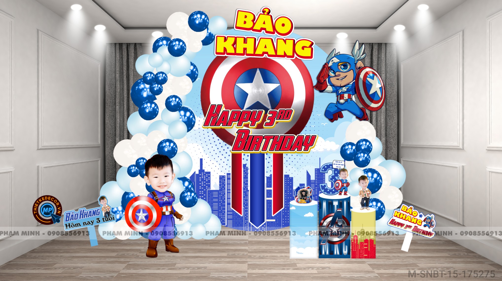 File thiết kế sinh nhật bé trai 1 tuổi chủ đề siêu anh hùng Captain America và chibi tone xanh blue cute dễ thương.