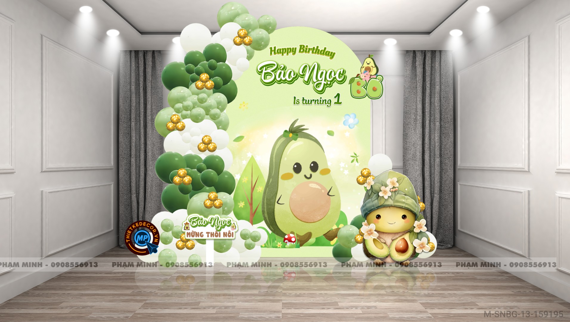 File thiết kế sinh nhật bé gái 1 tuổi chủ đề quả Bơ tone xanh lá cute dễ thương.