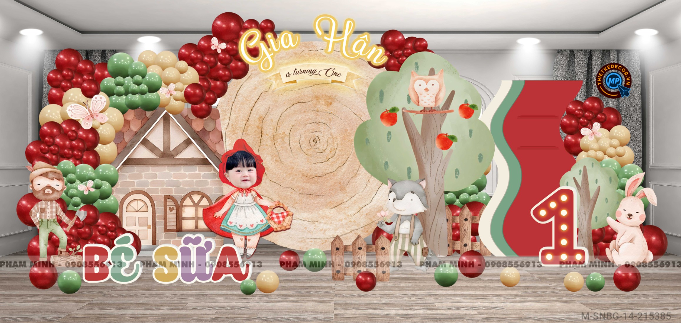 File thiết kế sinh nhật bé gái 1 tuổi chủ đề Cô bé quàng khăn đỏ cute dễ thương.