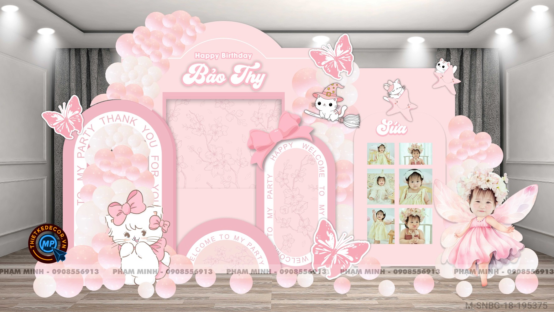 File thiết kế sinh nhật bé gái tuổi mèo chủ đề công chúa tone hồng cute đáng yêu.