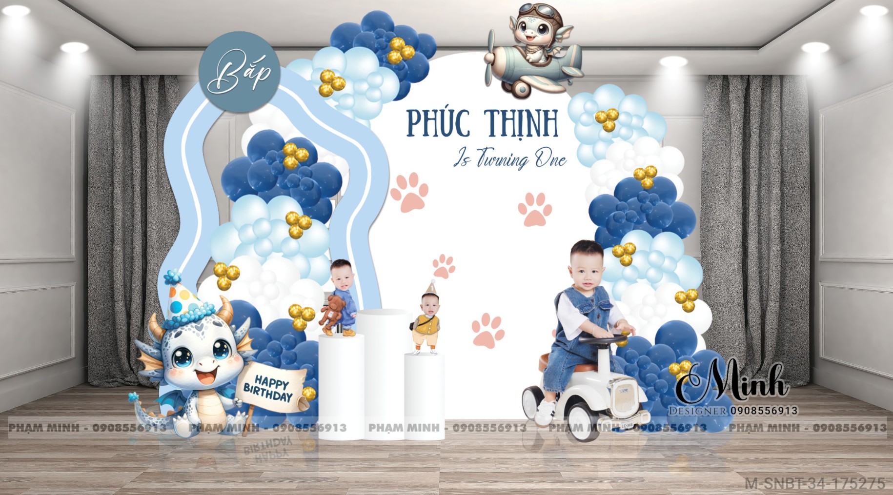 File thiết kế sinh nhật bé trai 1 tuổi con rồng và chibi tone xanh blue navy cute dễ thương.