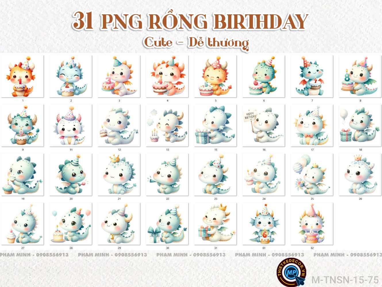 31 PNG Rồng Birthday cute dễ thương đáng yêu thiết kế sinh nhật bé 1 tuổi.