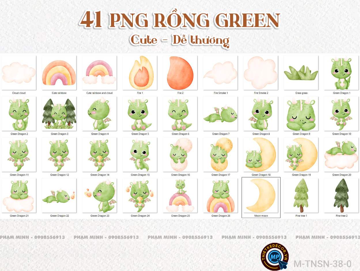 41 PNG Rồng xanh lá dễ thương cute đáng yêu tách nền 300ppi nét căng