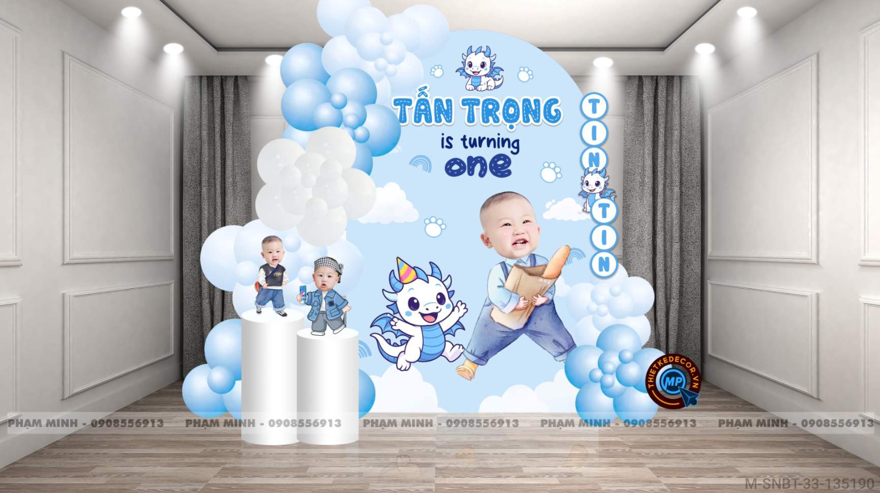 File thiết kế sinh nhật bé trai 1 tuổi con rồng khung U tone xanh blue cute dễ thương.