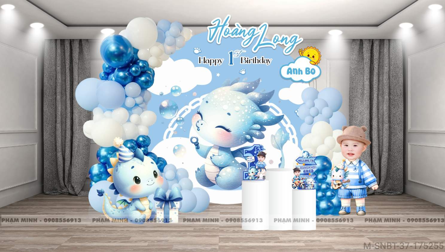 File thiết kế sinh nhật bé trai 1 tuổi con rồng khung tròn tone xanh blue cute dễ thương.