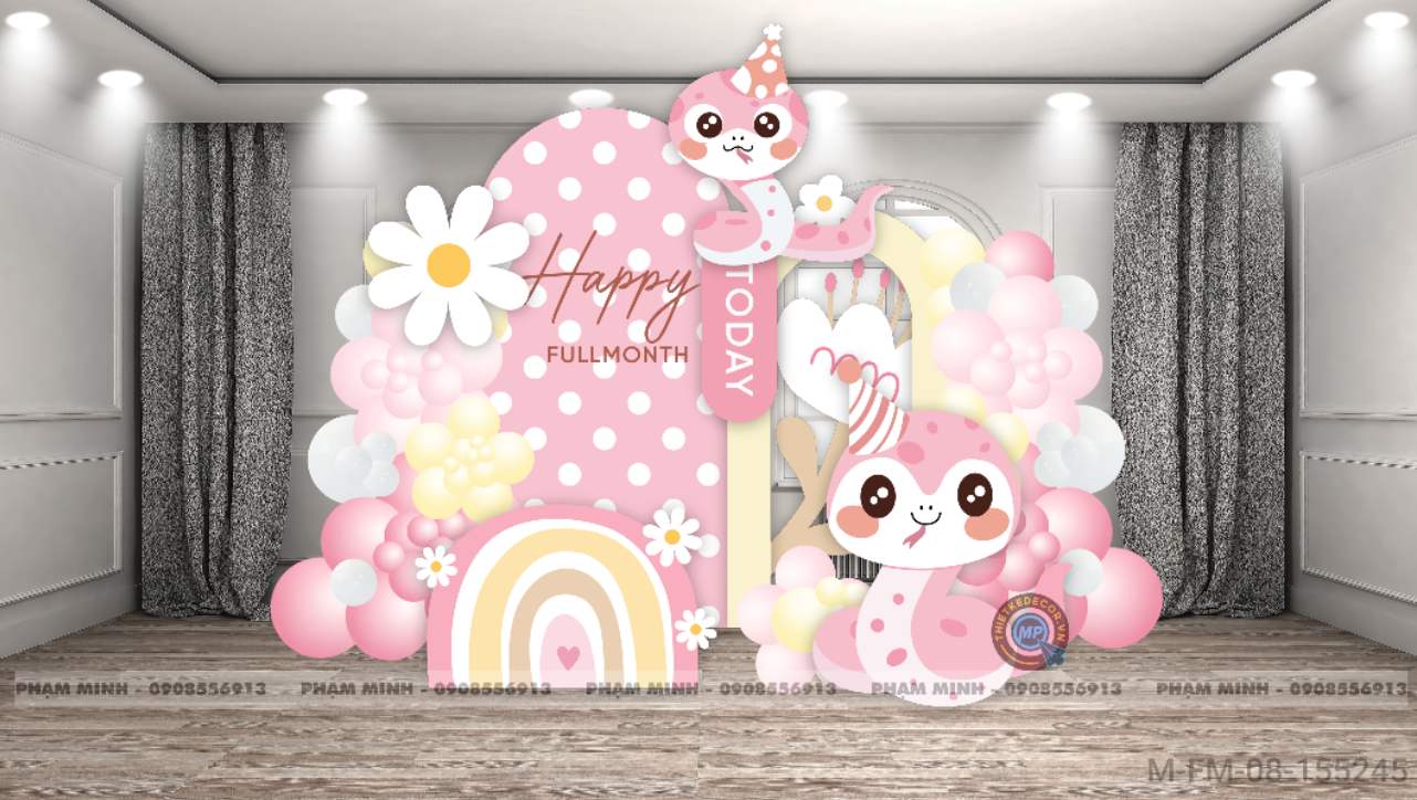 File thiết kế Background đầy tháng fullmonth bé tuổi tỵ thìn tone hồng cute dễ thương đáng yêu