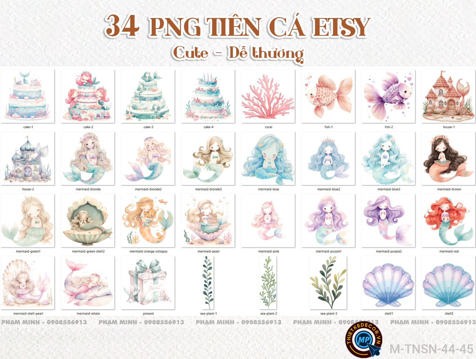 34 PNG Tiên Cá ETSY water color cute dễ thương đáng yêu