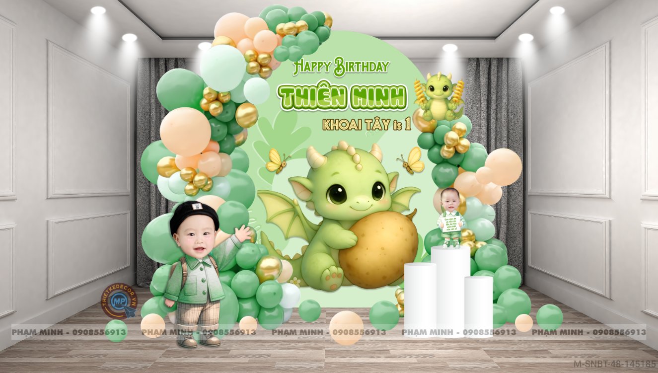 File thiết kế sinh nhật bé trai 1 tuổi con rồng khung U và chibi tone xanh lá cute dễ thương.
