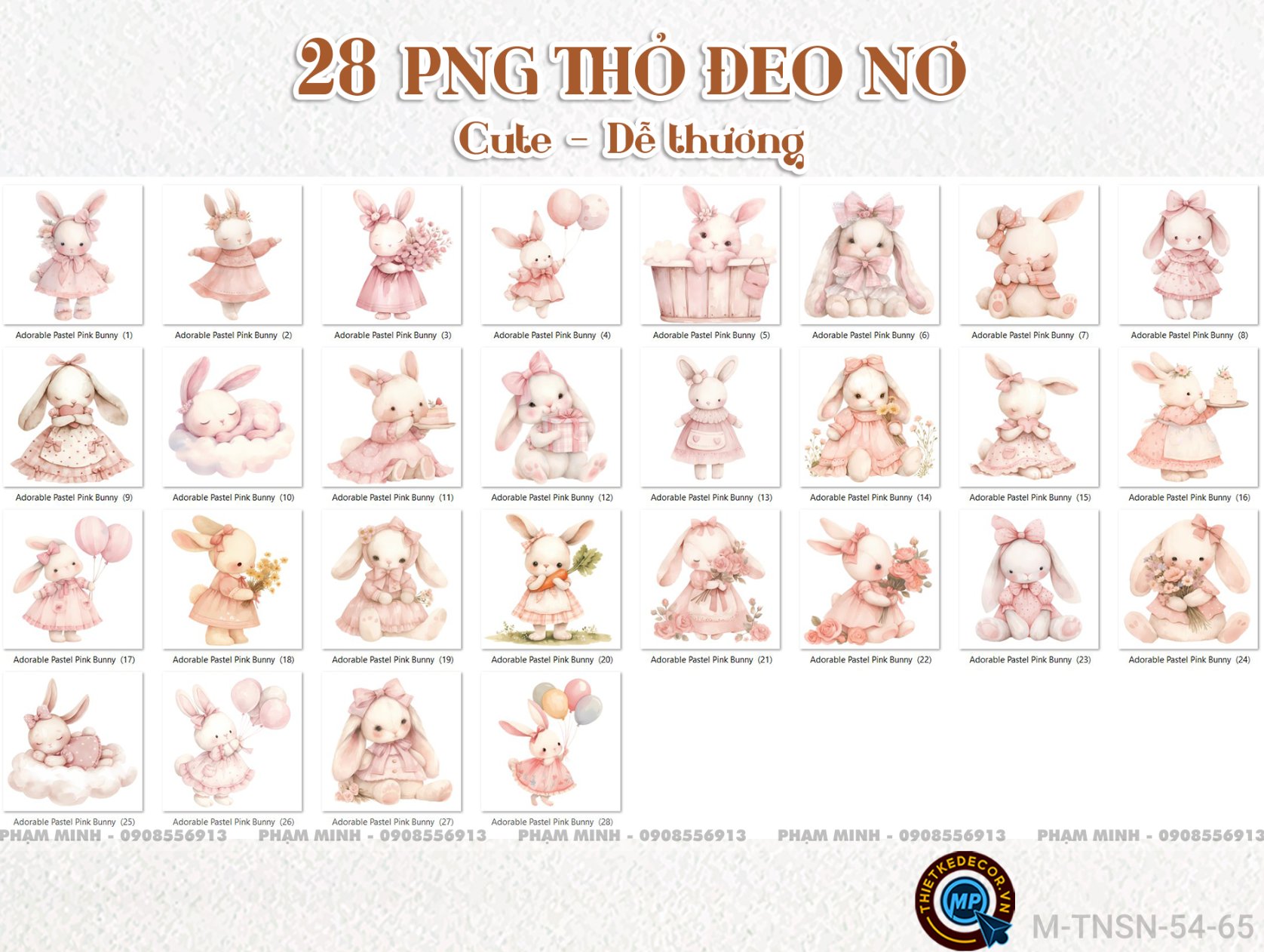 28 PNG Thỏ hồng ETSY đeo nơ cute dễ thương đáng yêu tách nền nét căng