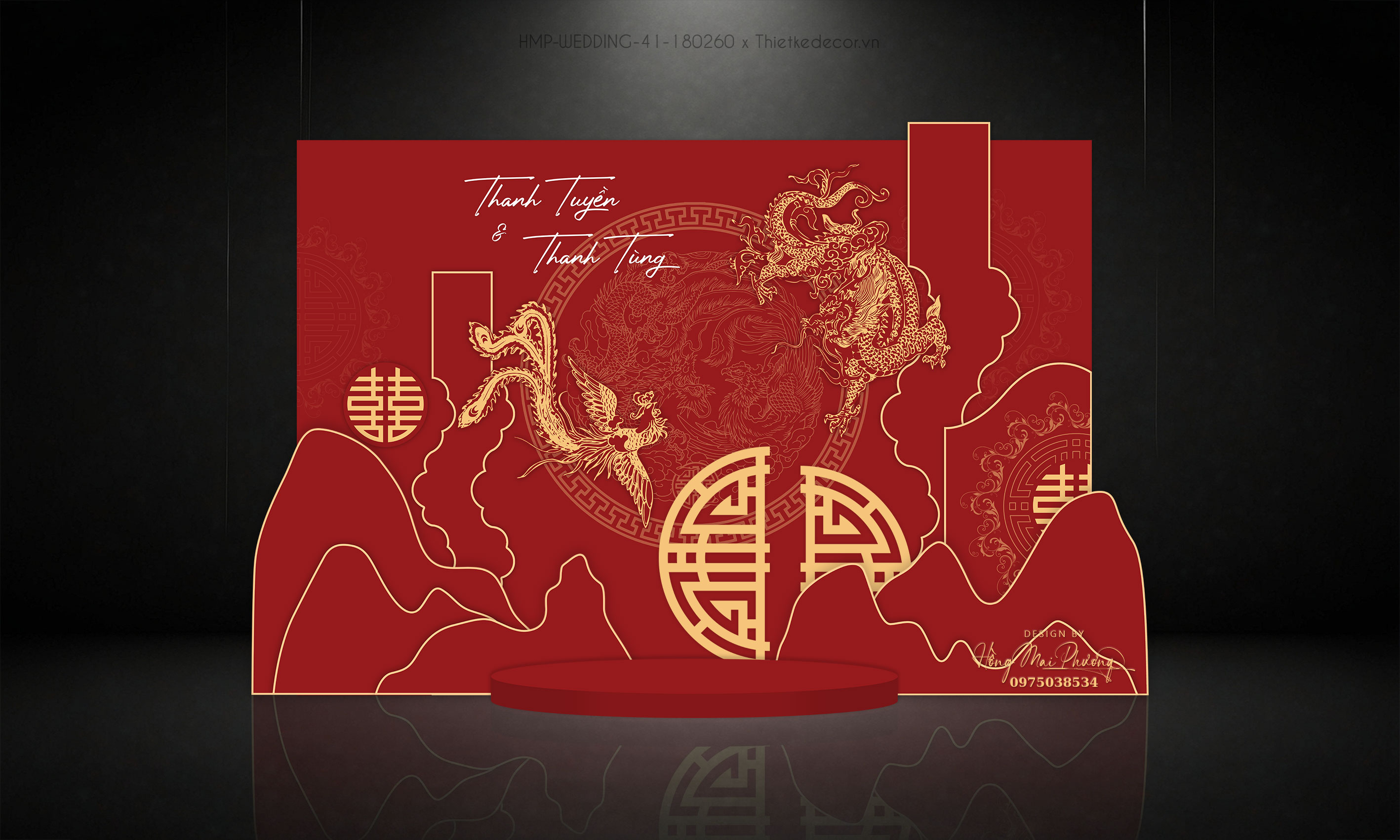 Backdrop checkin cưới tone đỏ phong cách trung hoa, hoa văn rồng phượng.