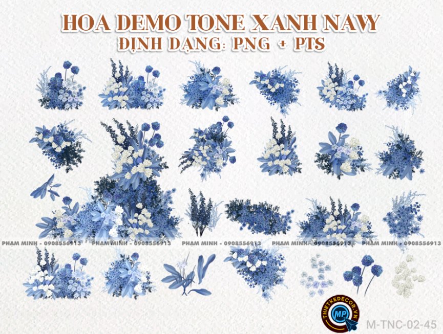 Hoa PNG cưới tone xanh navy demo Gia tiên, cổng cưới, photobook cưới.