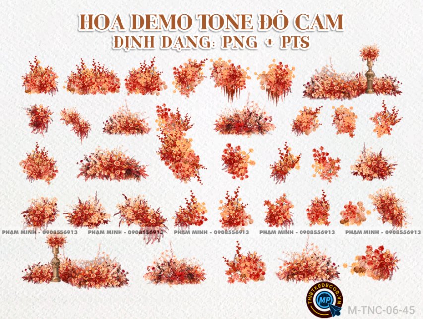 Hoa PNG cưới tone đỏ cam mix demo Gia tiên, cổng cưới, photobook cưới.