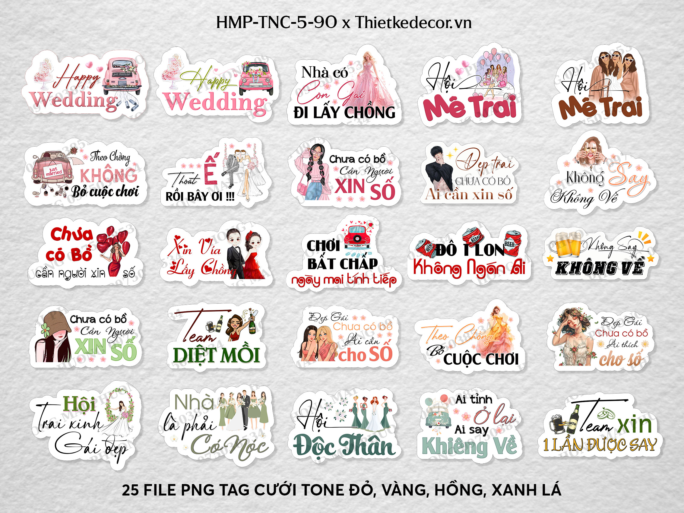 Set 25 tag cưới nhiều tone màu