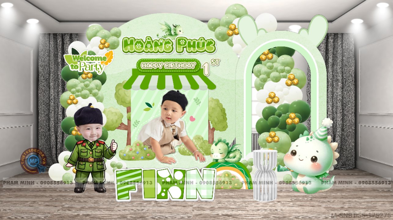 File thiết kế sinh nhật bé trai 1 tuổi con rồng tone xanh lá cute đáng yêu
