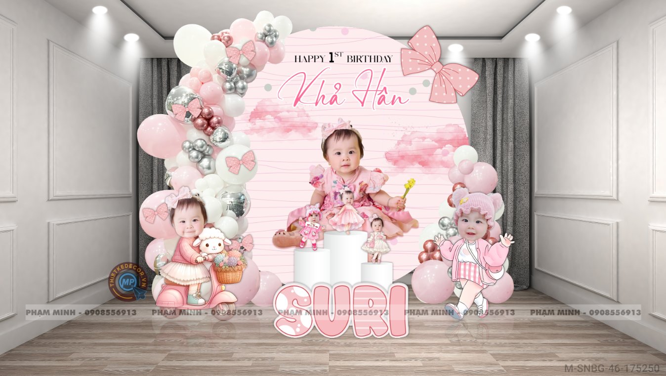 File thiết kế sinh nhật bé gái 1 tuổi tone hồng back tròn cute đáng yêu