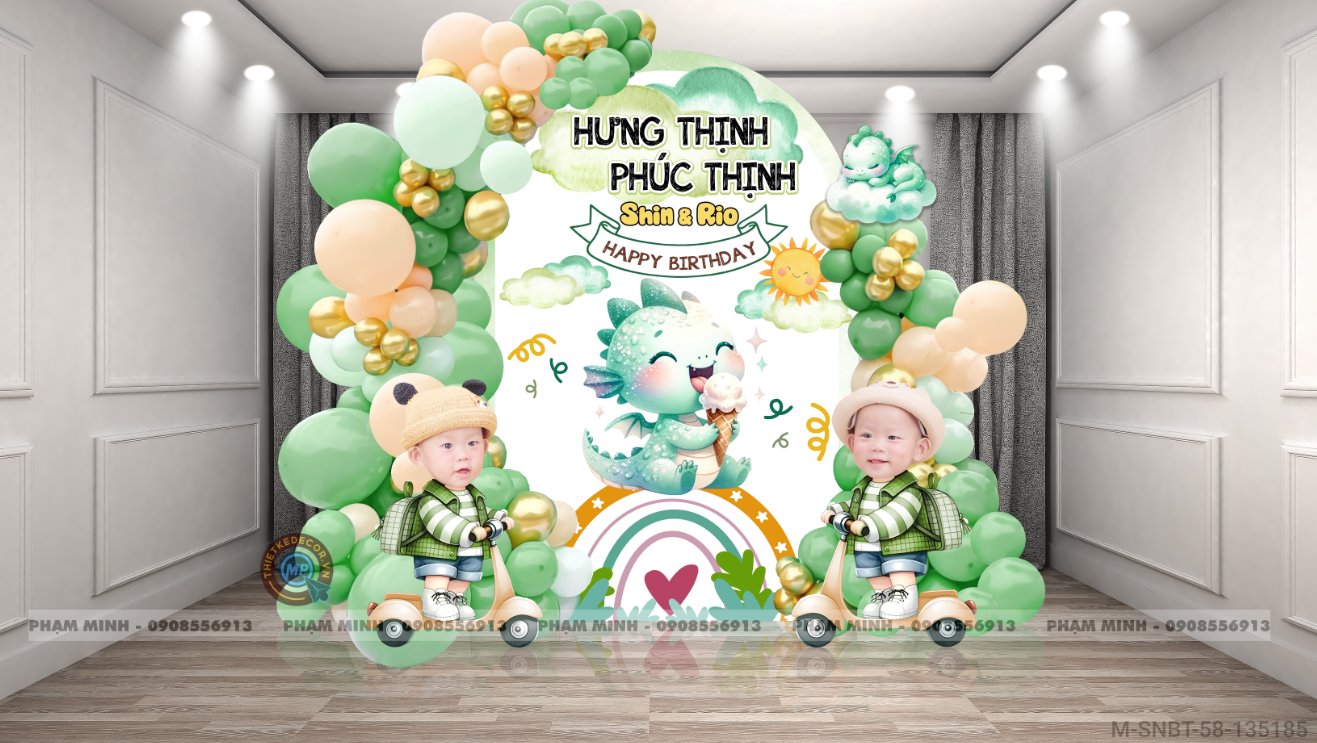 File thiết kế sinh nhật bé trai 1 tuổi con rồng tone xanh lá cây cute dễ thương.