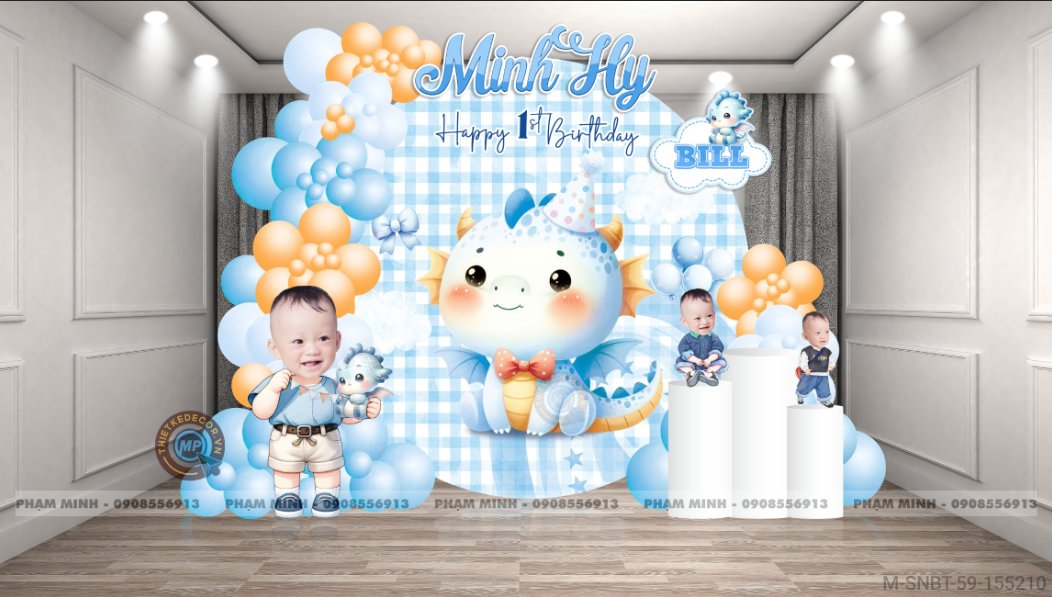 File thiết kế sinh nhật bé trai 1 tuổi con rồng khung tròn và chibi tone xanh da trời cute dễ thương.