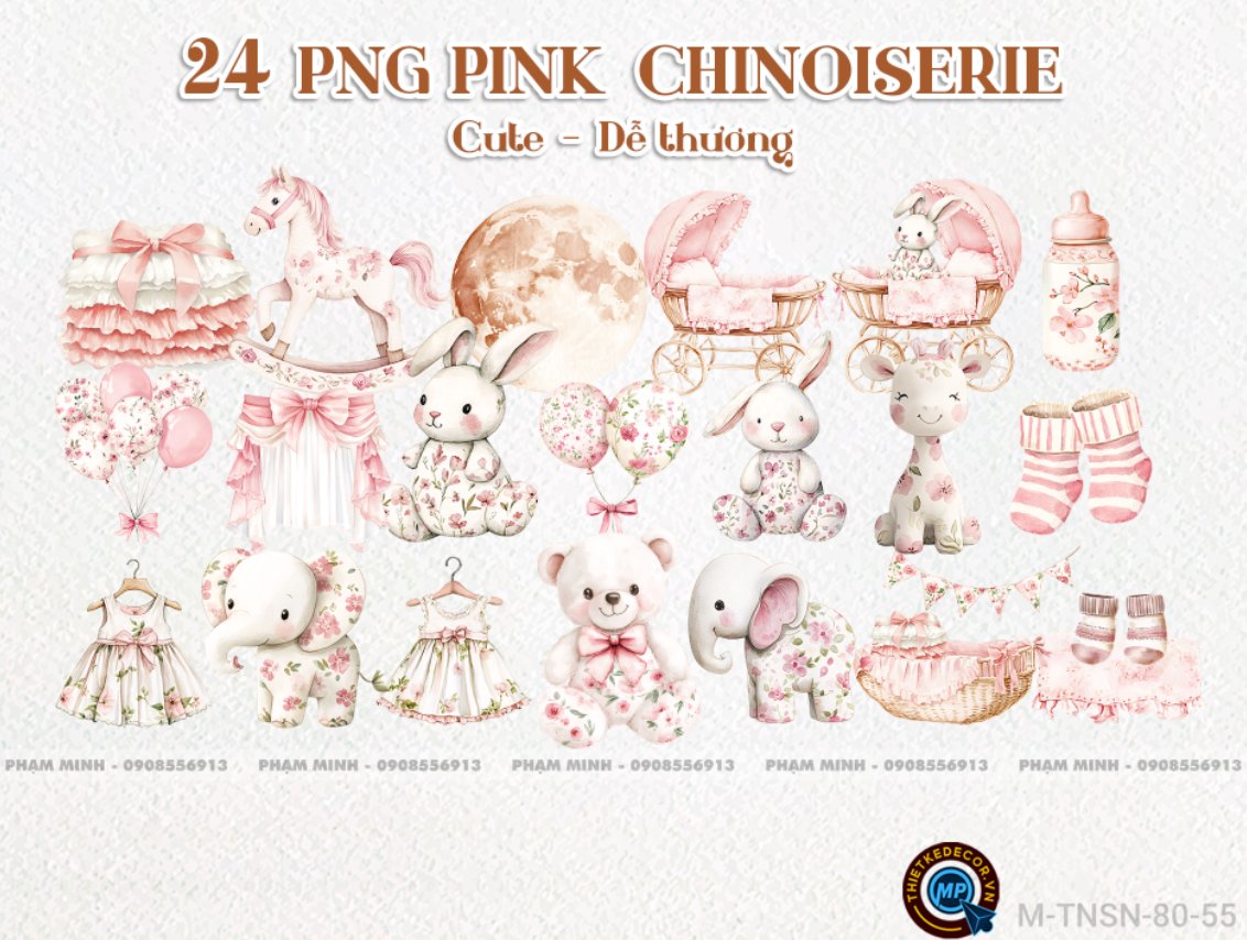 24 PNG Pink Chinoiserie PNG tách nền nét căng cute dễ thương hot trend