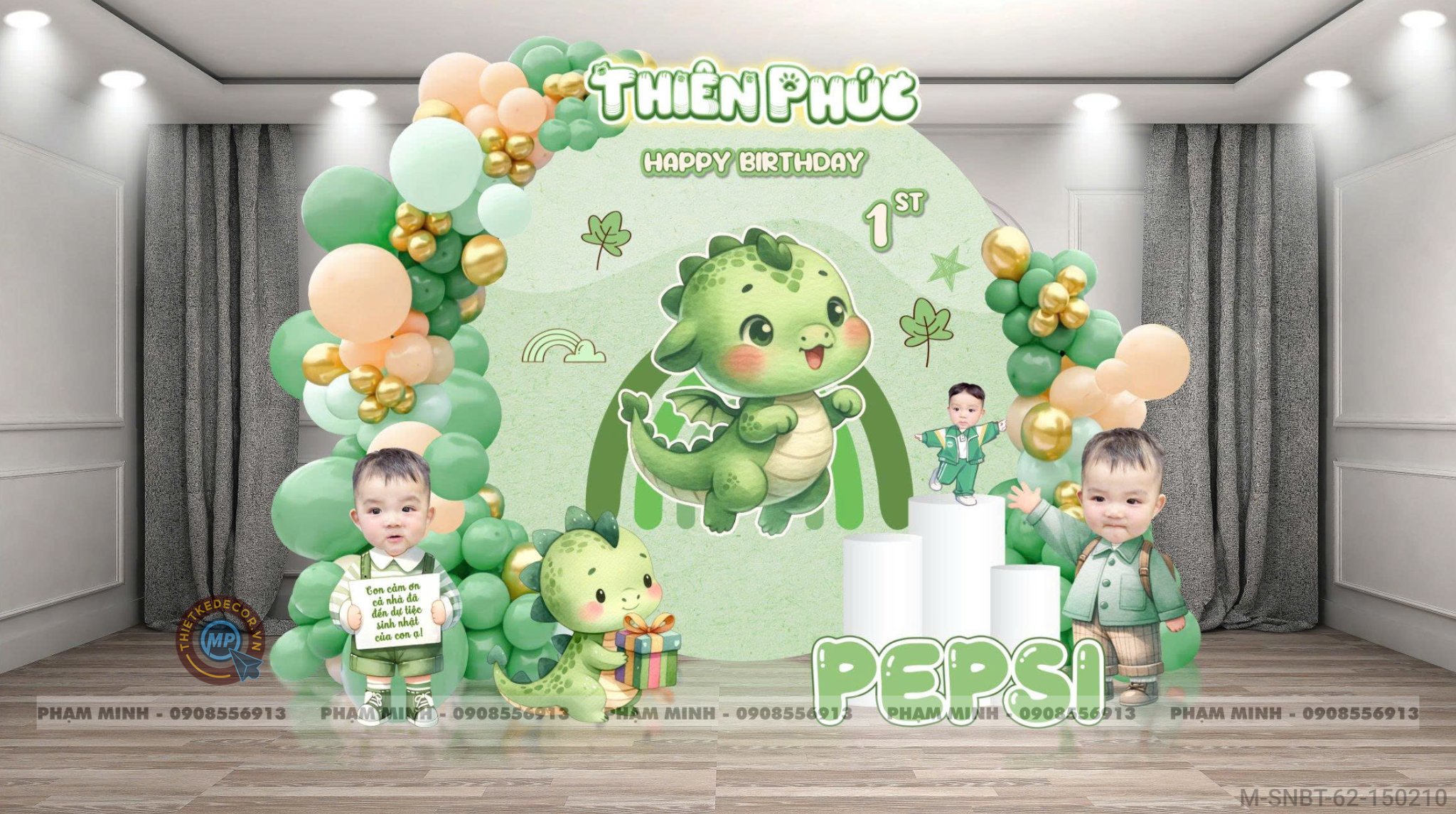File thiết kế sinh nhật bé trai 1 tuổi con rồng khung tròn và chibi tone xanh lá cute dễ thương.