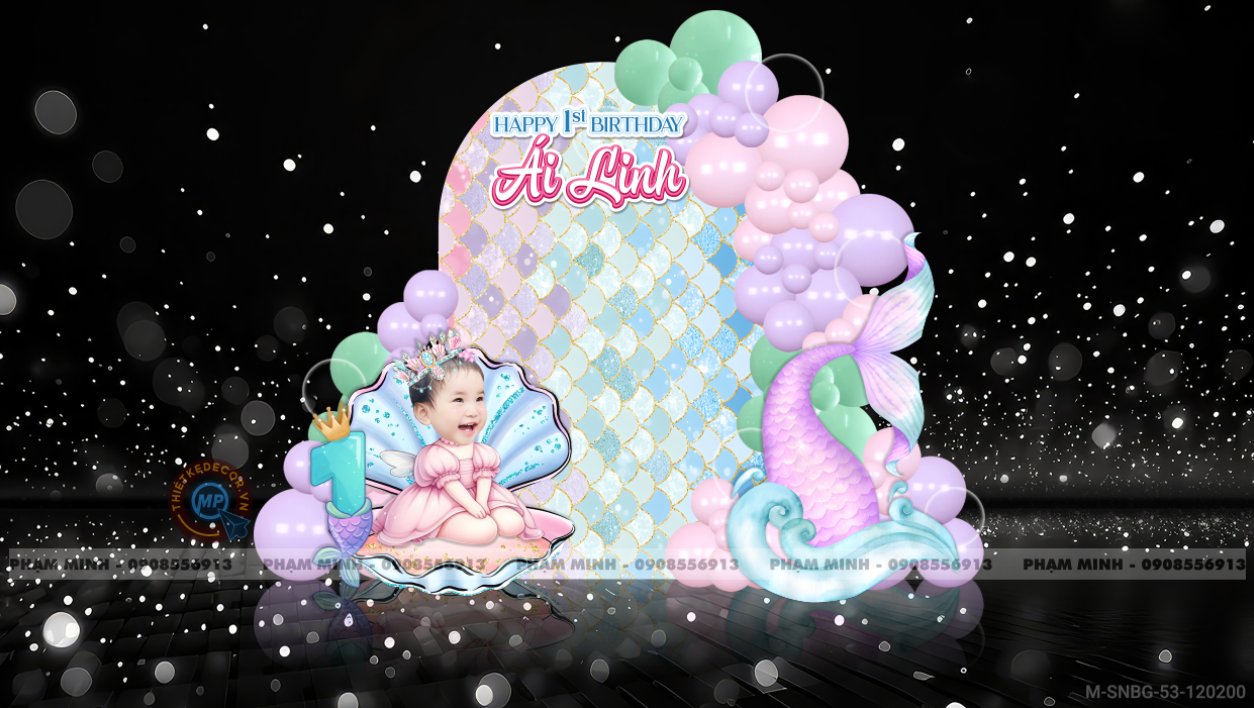 File thiết kế sinh nhật bé gái chủ đề Tiên cá dễ thương đáng yêu cute sang trọng.