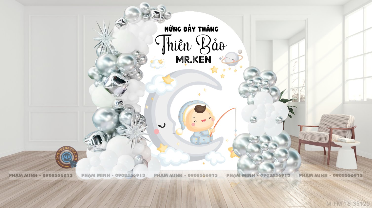 File thiết kế Background đầy tháng fullmonth bé tone trắng bạc cute dễ thương đáng yêu