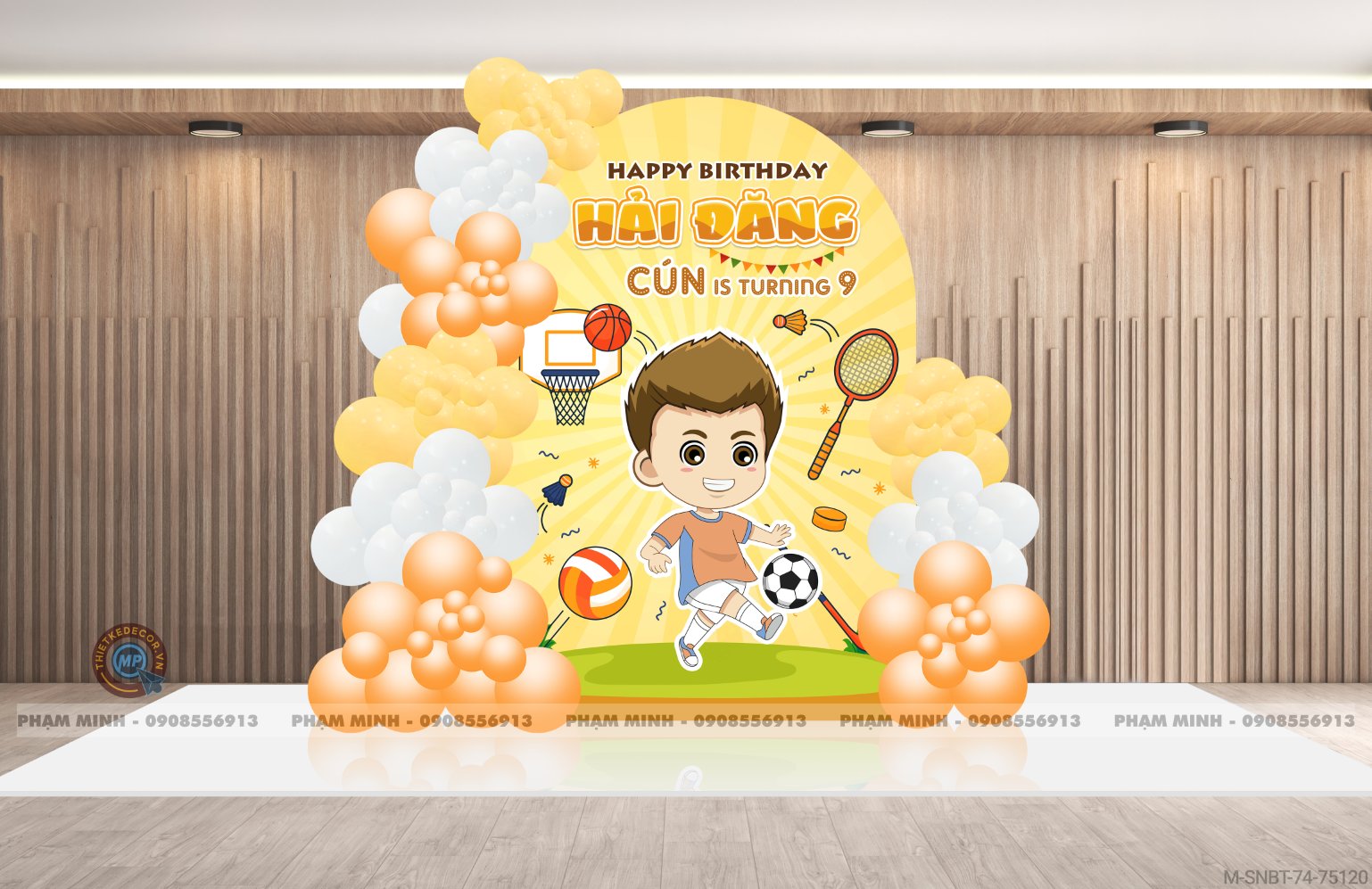 File thiết kế sinh nhật bé trai chủ đề bóng đá thể thao khung U tone vàng cam cute dễ thương.