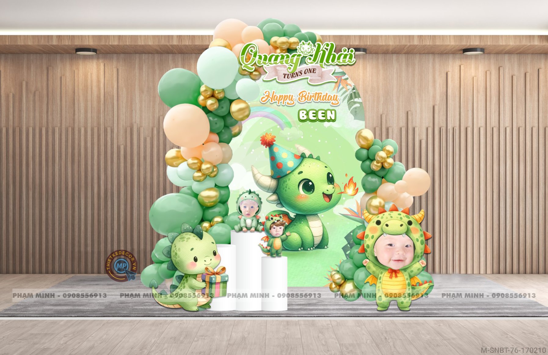 File thiết kế sinh nhật bé trai 1 tuổi con rồng khung U và chibi tone xanh lá cute dễ thương.