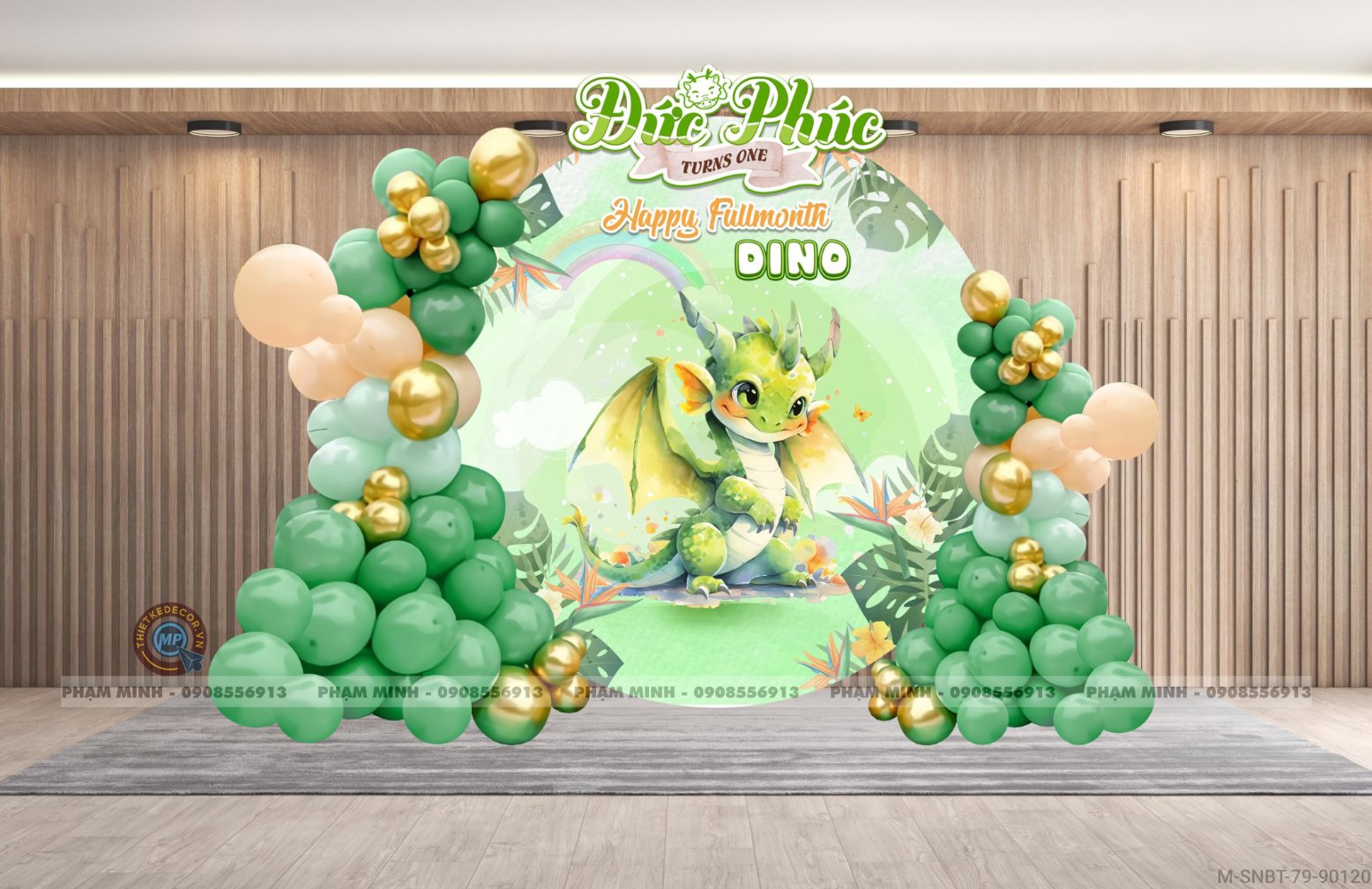 File thiết kế sinh nhật bé trai 1 tuổi con rồng khung U tone xanh lá cute dễ thương.