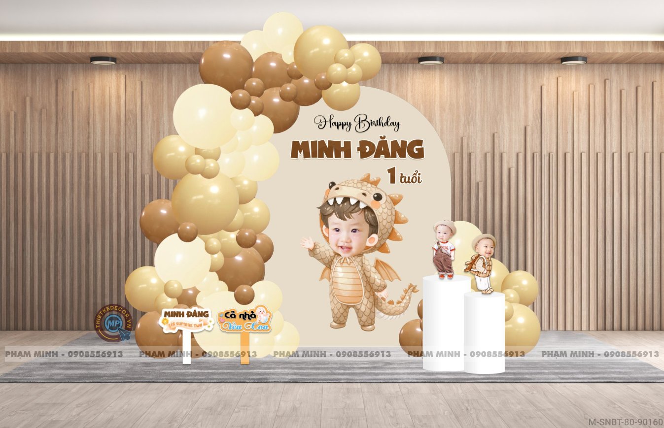 File thiết kế sinh nhật bé trai 1 tuổi con rồng khung U và chibi tone nâu tây cute dễ thương.