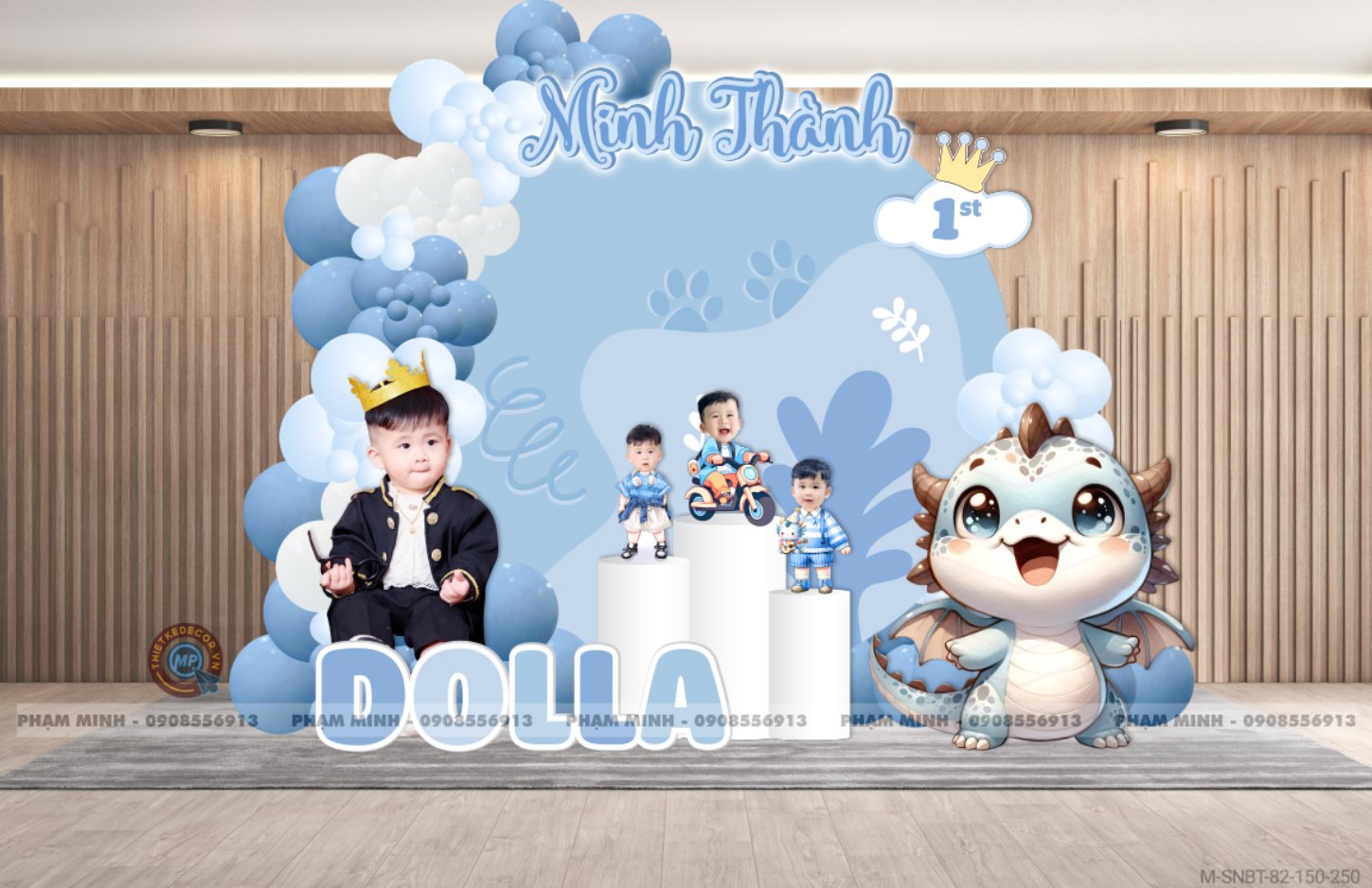 File thiết kế sinh nhật bé trai 1 tuổi con rồng tone xanh navy cổ vịt cute dễ thương.