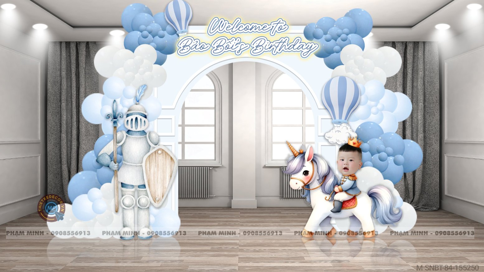 File thiết kế cổng sinh nhật bé trai 1 tuổi con rồng tone xanh navy cute dễ thương.