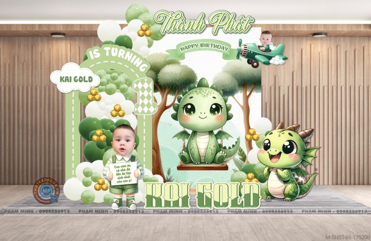 File thiết kế sinh nhật bé trai 1 tuổi con rồng tone xanh lá cute dễ thương.