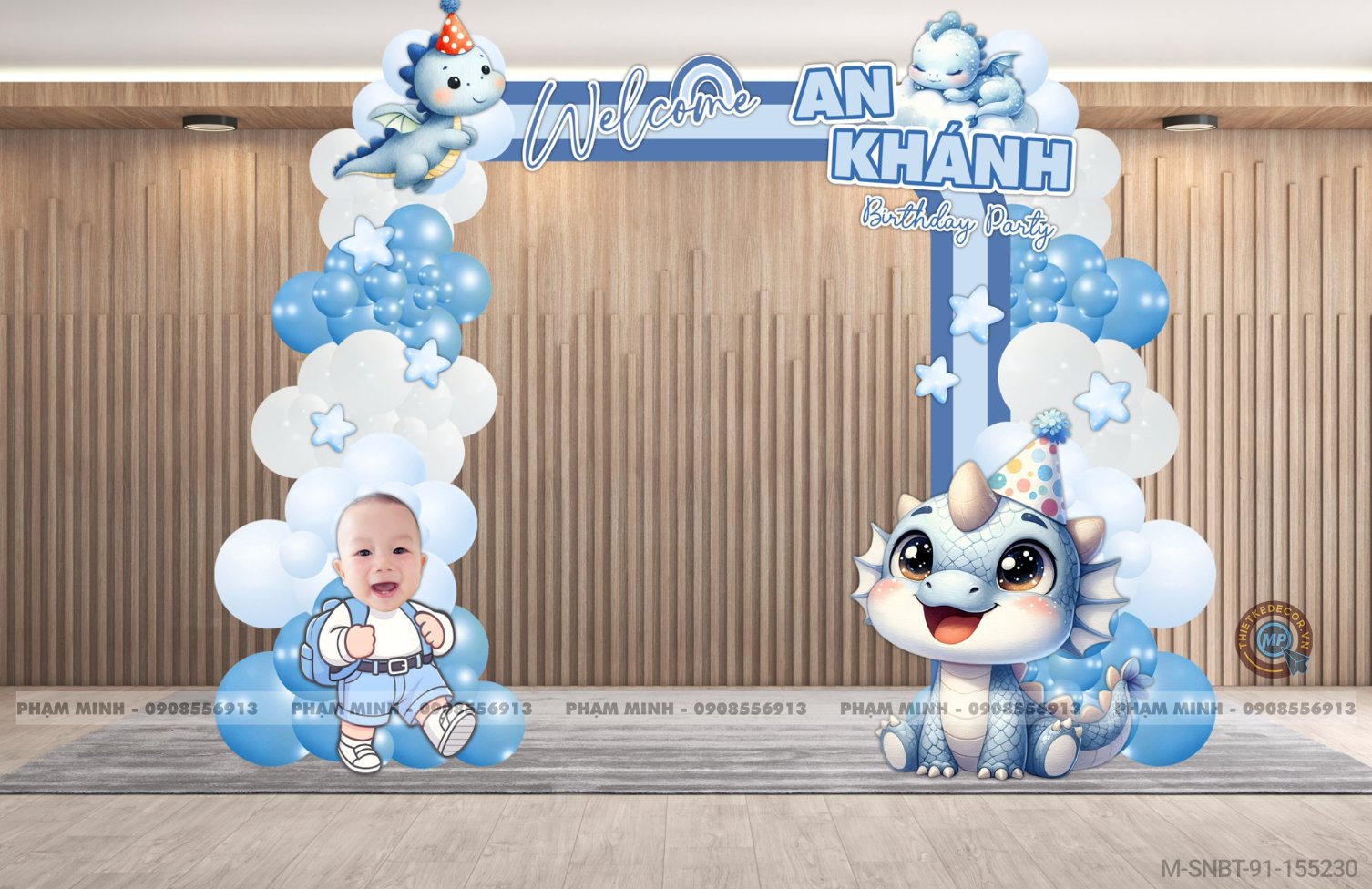 File thiết kế Cổng sinh nhật bé trai 1 tuổi con rồng tone xanh navy cute dễ thương.