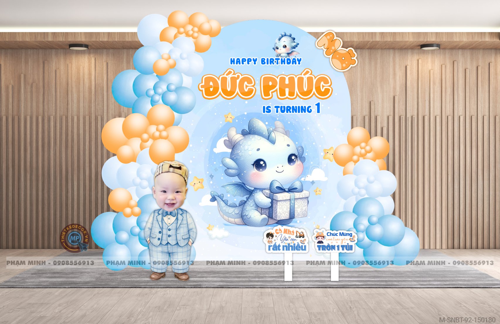 File thiết kế sinh nhật bé trai 1 tuổi con rồng khung U tone xanh blue cute dễ thương.