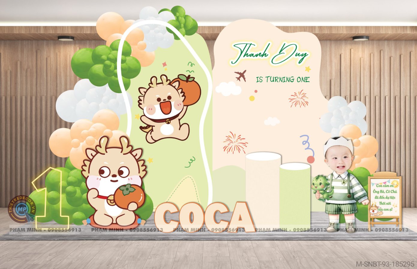 File thiết kế sinh nhật bé trai 1 tuổi con rồng tone xanh lá cam cute dễ thương.