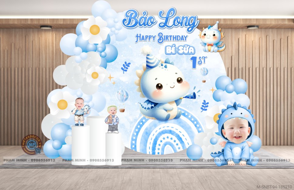 File thiết kế sinh nhật bé trai 1 tuổi con rồng khung tròn và chibi tone xanh cute dễ thương.