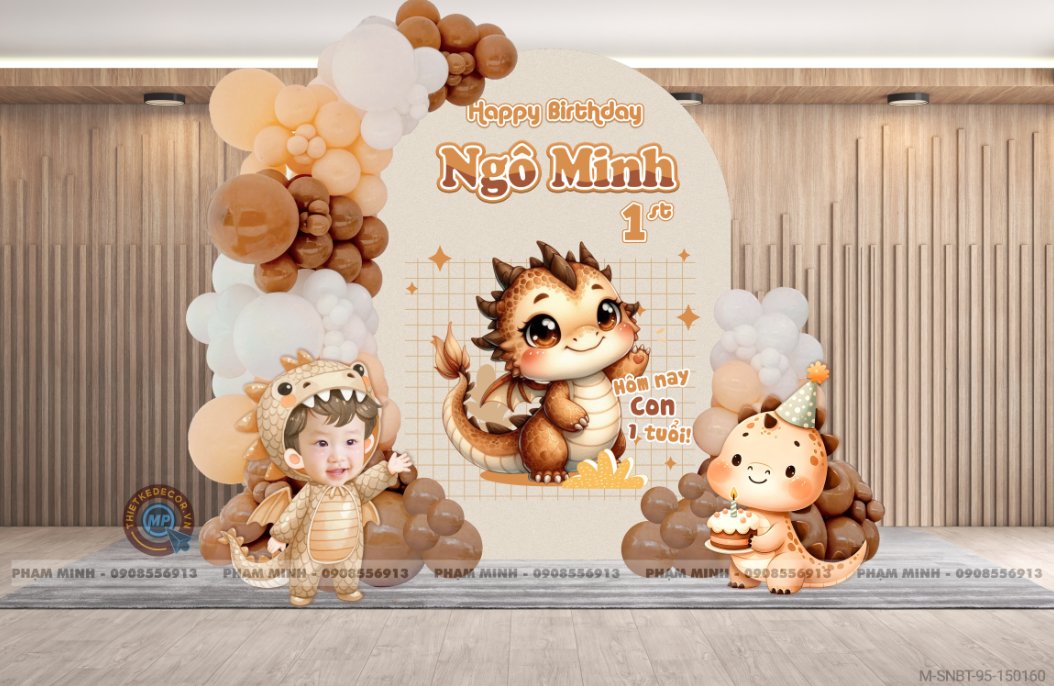 File thiết kế sinh nhật bé trai 1 tuổi con rồng khung U và chibi tone nâu tây cute dễ thương.