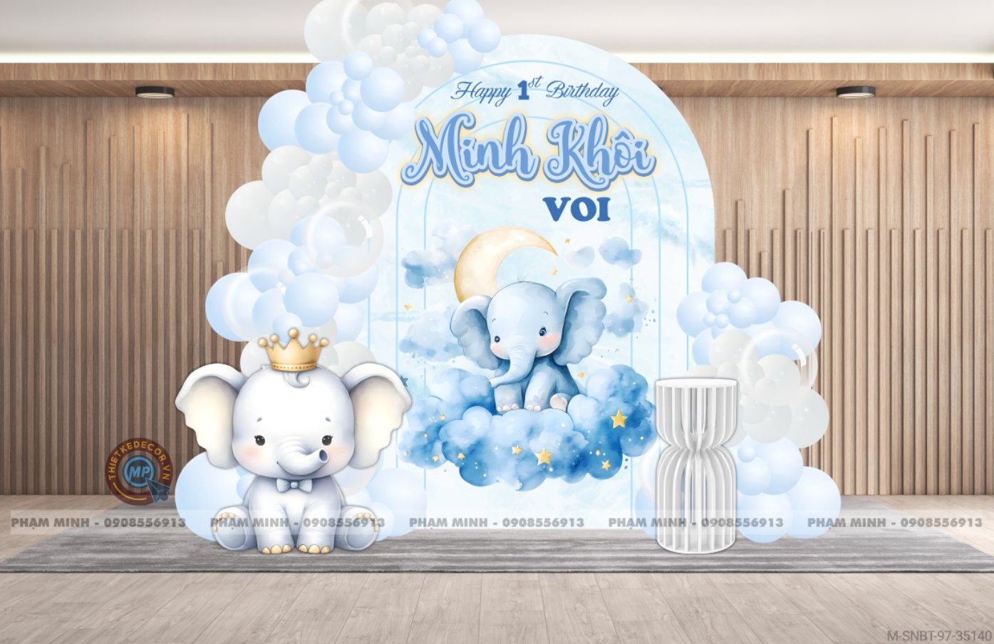 File thiết kế sinh nhật bé trai 1 tuổi con voi khung U và chibi tone xanh cute dễ thương.